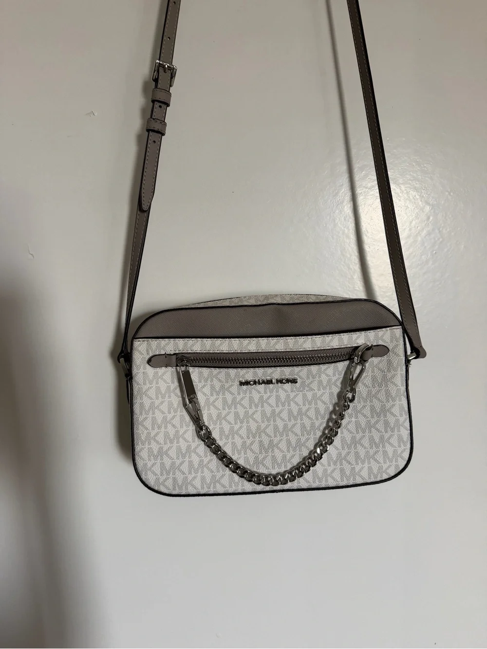 Michael Kors White and Taupe Signature Crossbody with Chain Detail